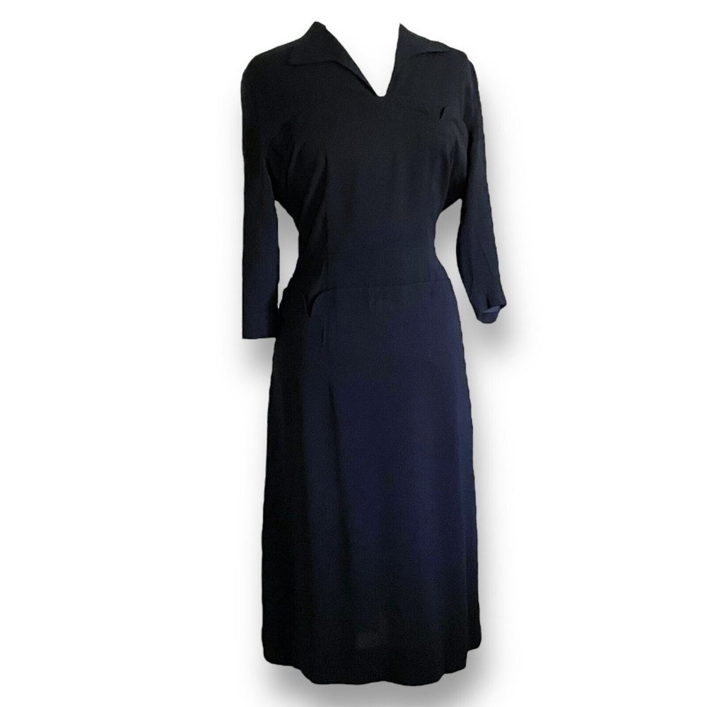 Vintage 40s Womens Dress Volup 32" Waist Black Rayon Femme Fatale Vamp Witchcore - Picture 6 of 16